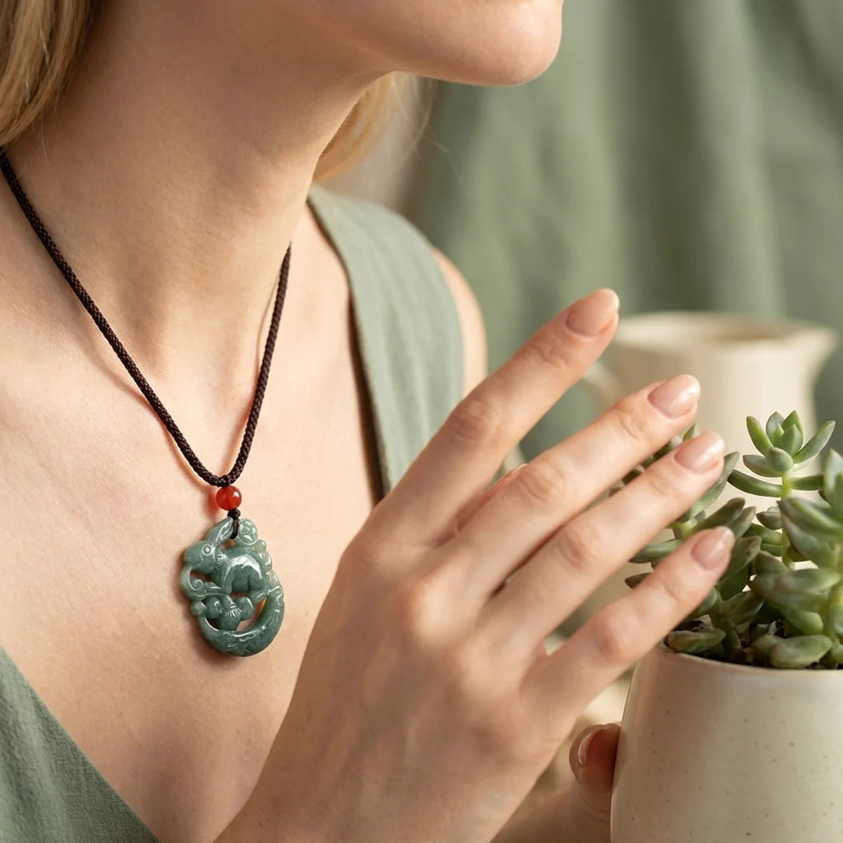 Jade Rabbit Crescent Moon Pendant Necklace