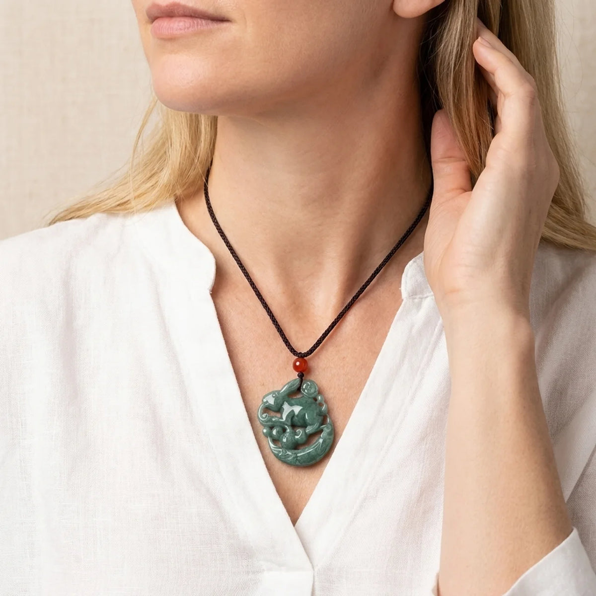 Jade Rabbit Crescent Moon Pendant Necklace