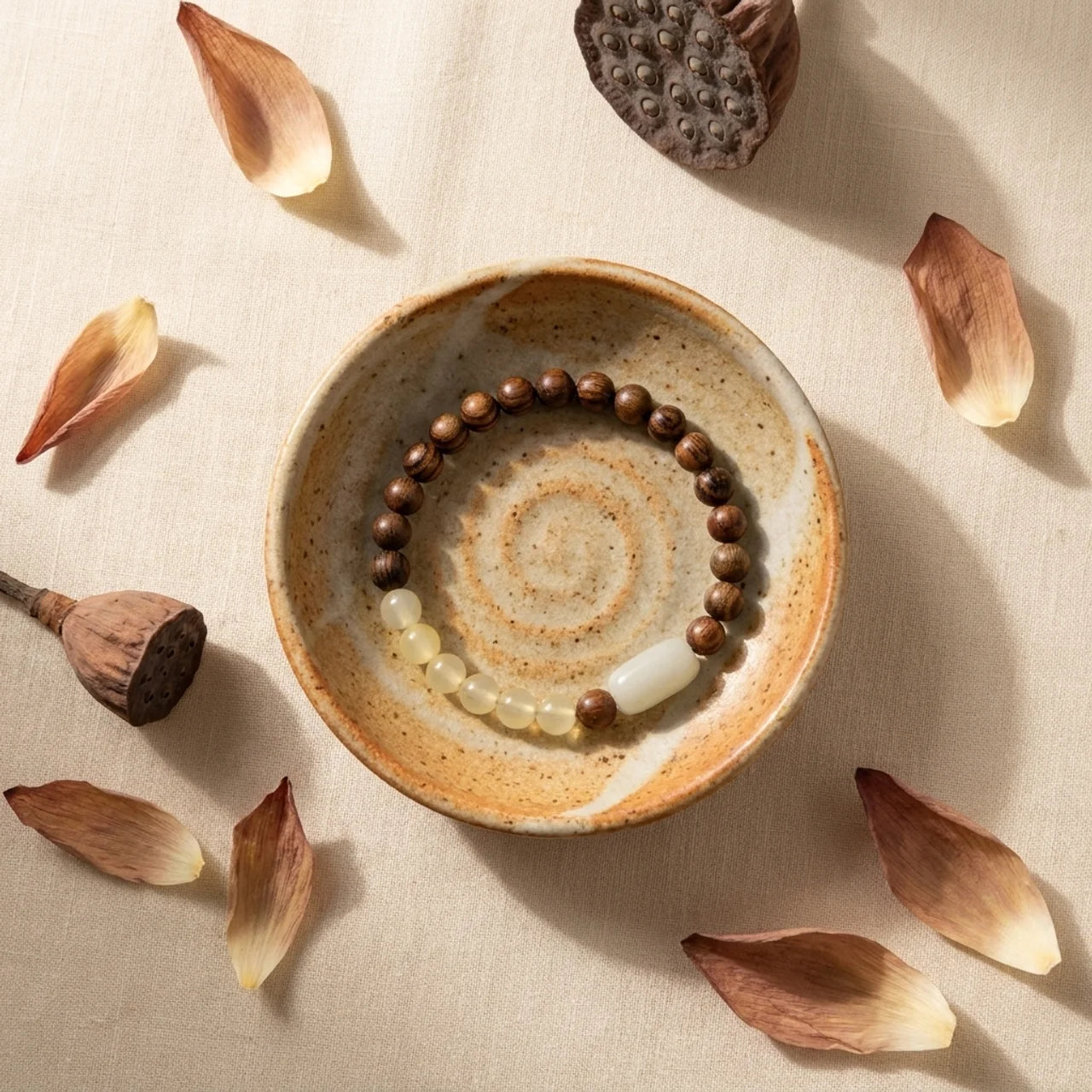 Jade Sandalwood Lotus Mala Bracelet