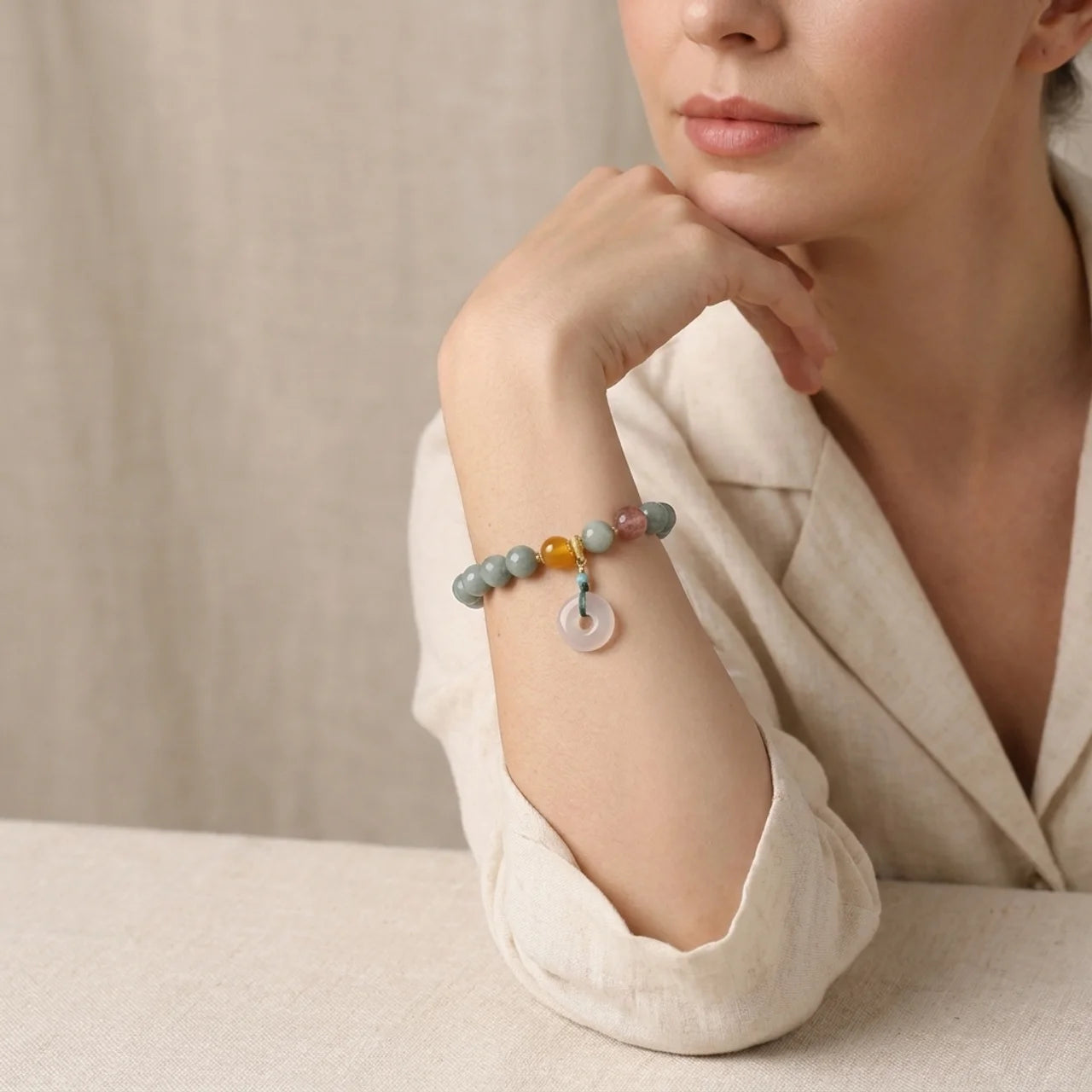 Jade Strawberry Quartz Peace Buckle Bracelet