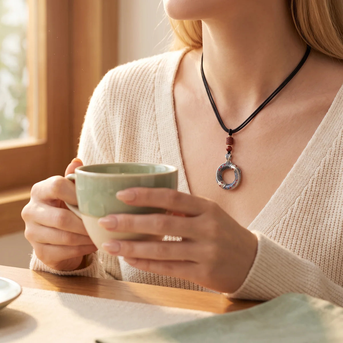 Collier avec pendentif disque de paix et poisson koï