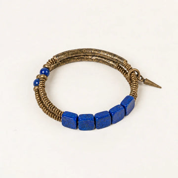 Lapis Lazuli Hammered Brass Plate Bracelet