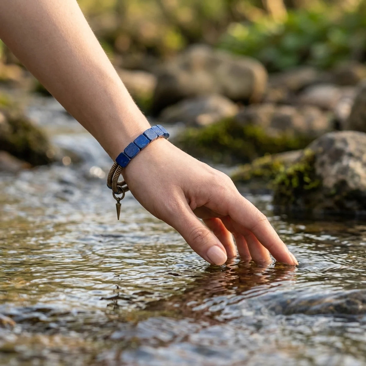 Lapis Lazuli Hammered Brass Plate Bracelet