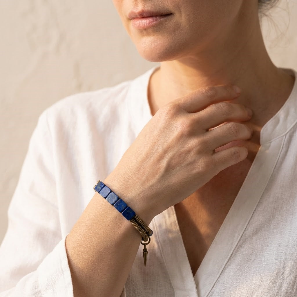 Lapis Lazuli Hammered Brass Plate Bracelet