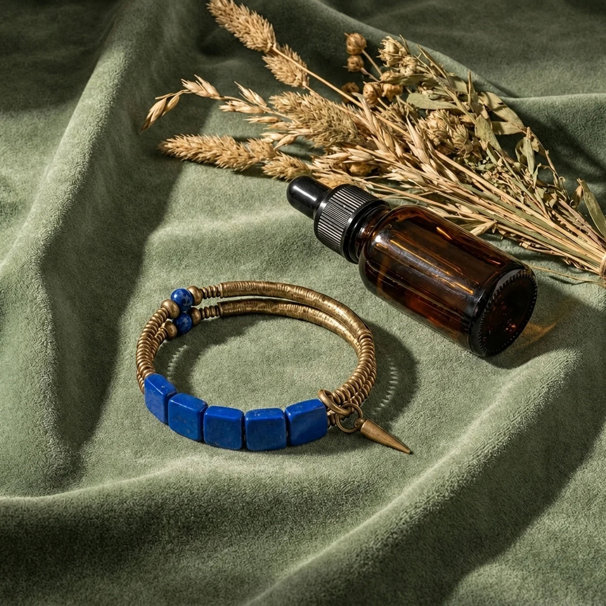 Lapis Lazuli Hammered Brass Plate Bracelet