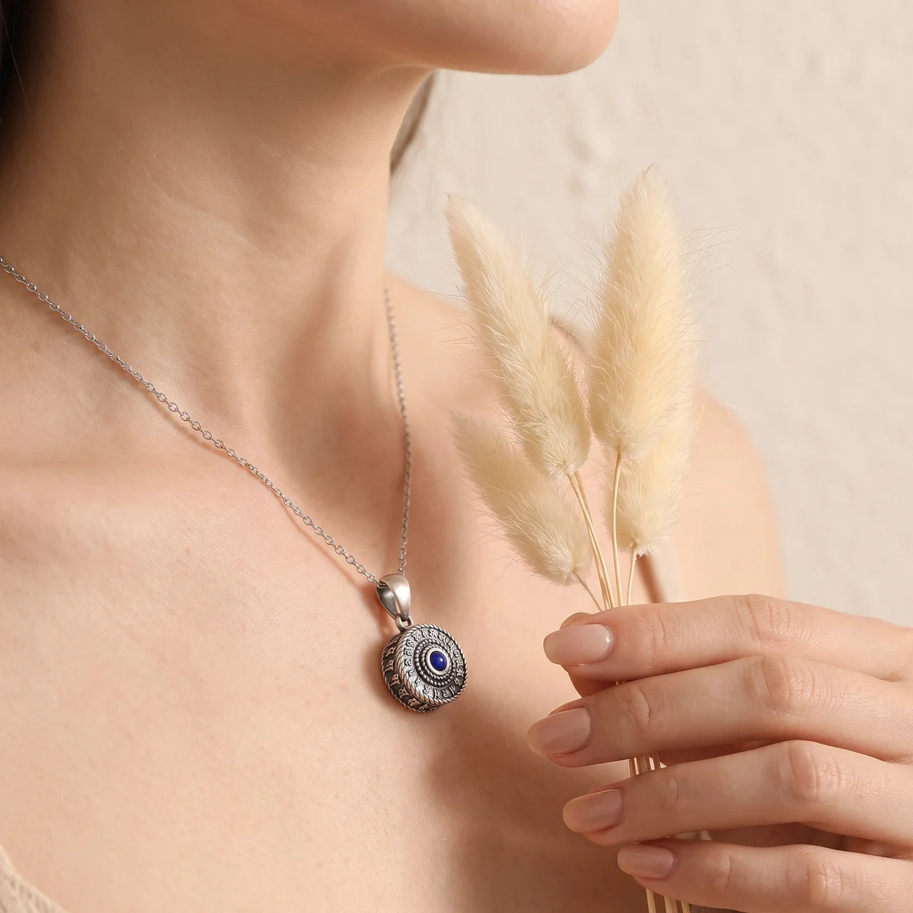 Lapis Lazuli Om Mani Padme Hum Pendant Necklace
