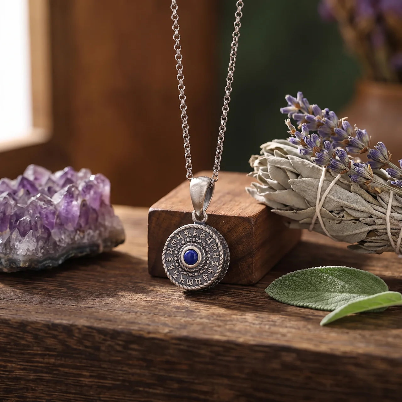 Lapis Lazuli Om Mani Padme Hum Pendant Necklace