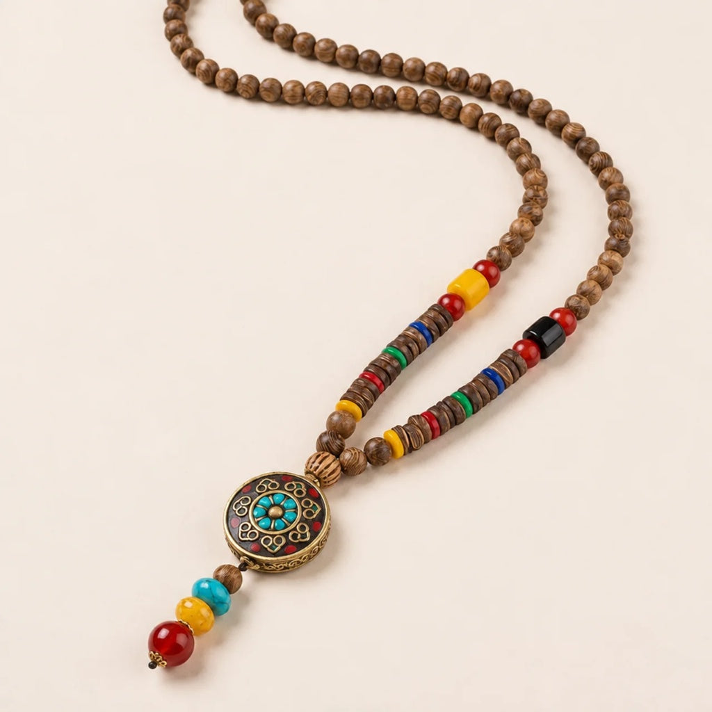 Halsband med turkos, agat, dzi-pärla och bönehjul