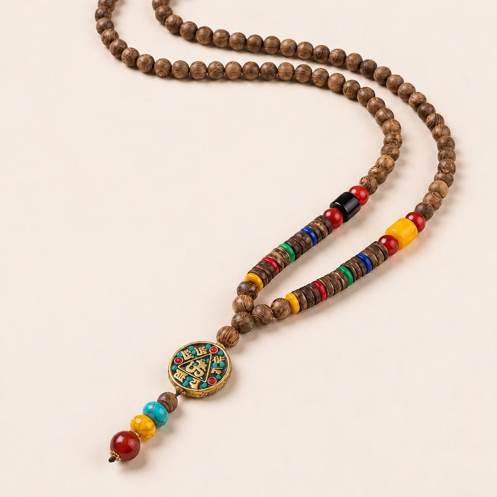 Halsband med turkos, agat, dzi-pärla och bönehjul