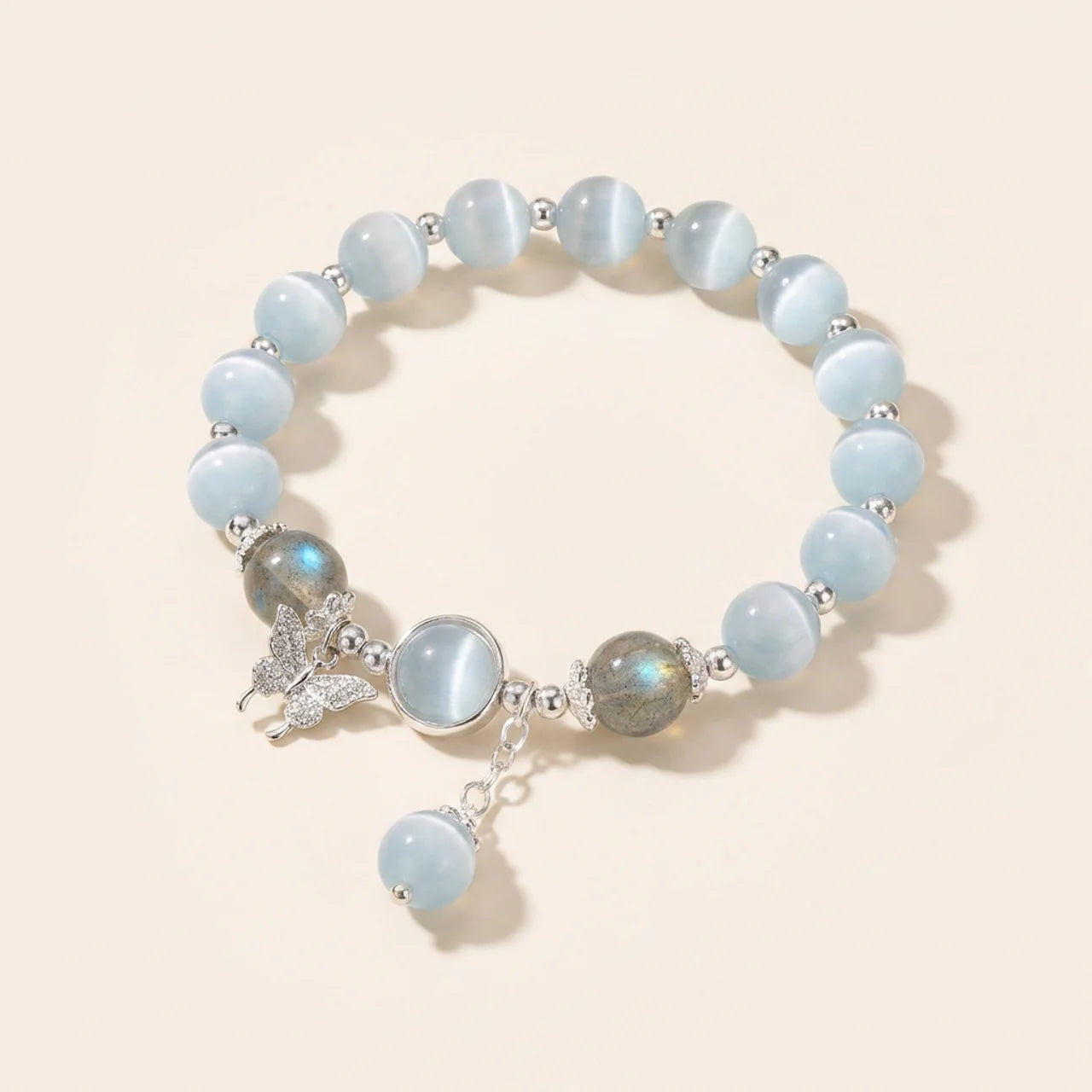 Moonstone Cat's Eye Butterfly Charm Bracelet