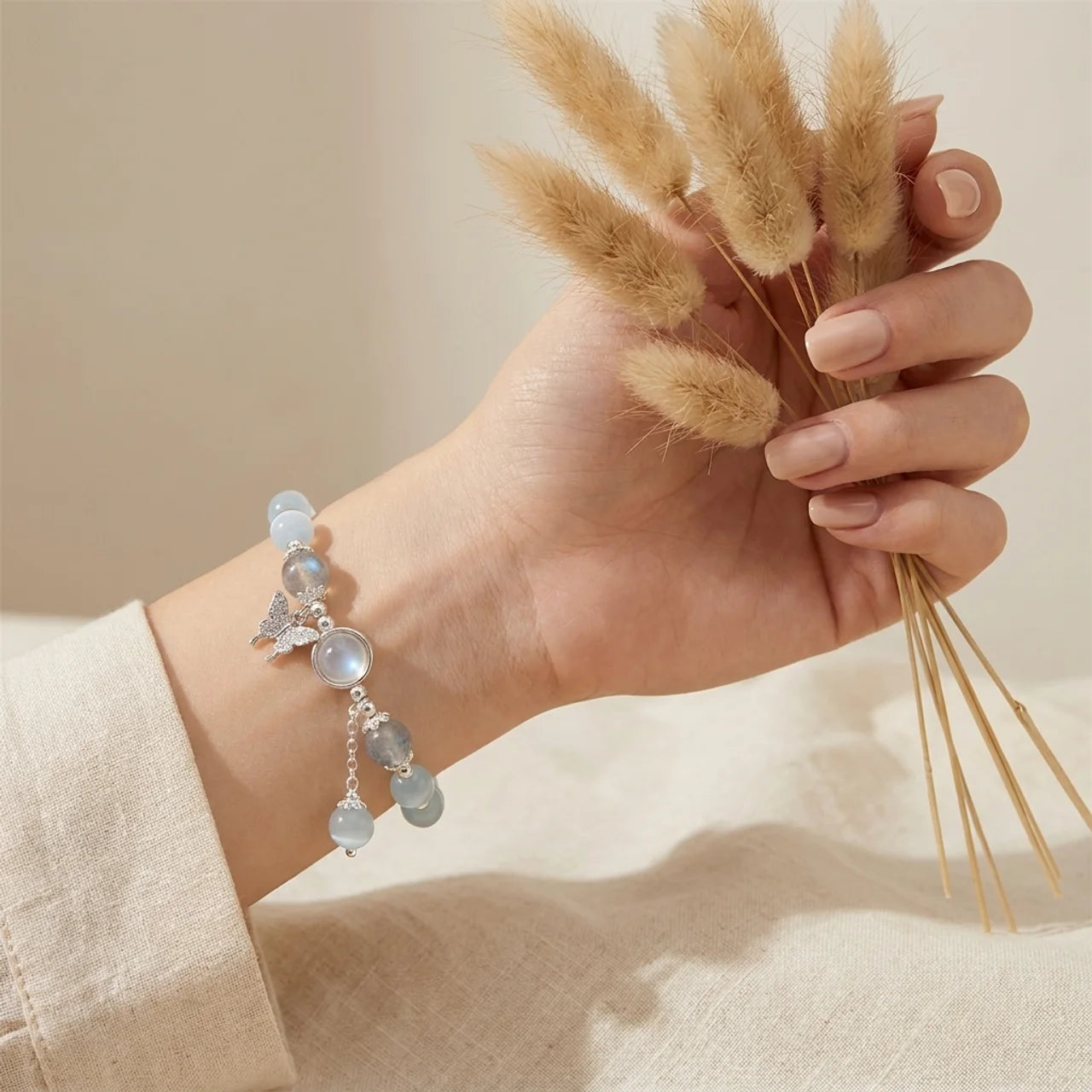 Moonstone Cat's Eye Butterfly Charm Bracelet