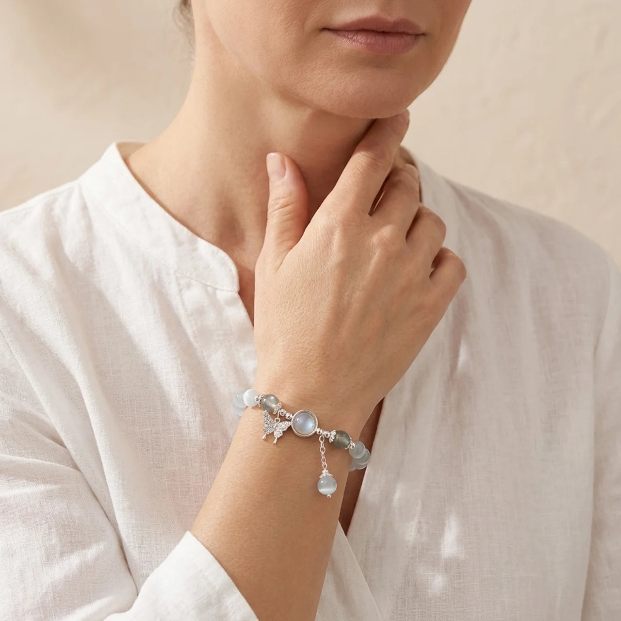 Moonstone Cat's Eye Butterfly Charm Bracelet