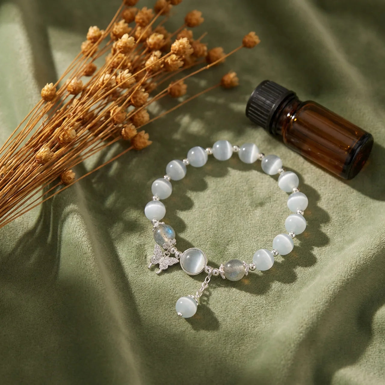 Moonstone Cat's Eye Butterfly Charm Bracelet