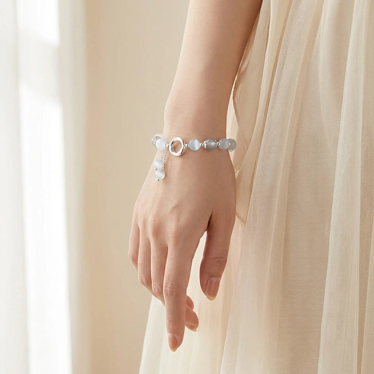 Moonstone Cat's Eye Silver Ring Bracelet