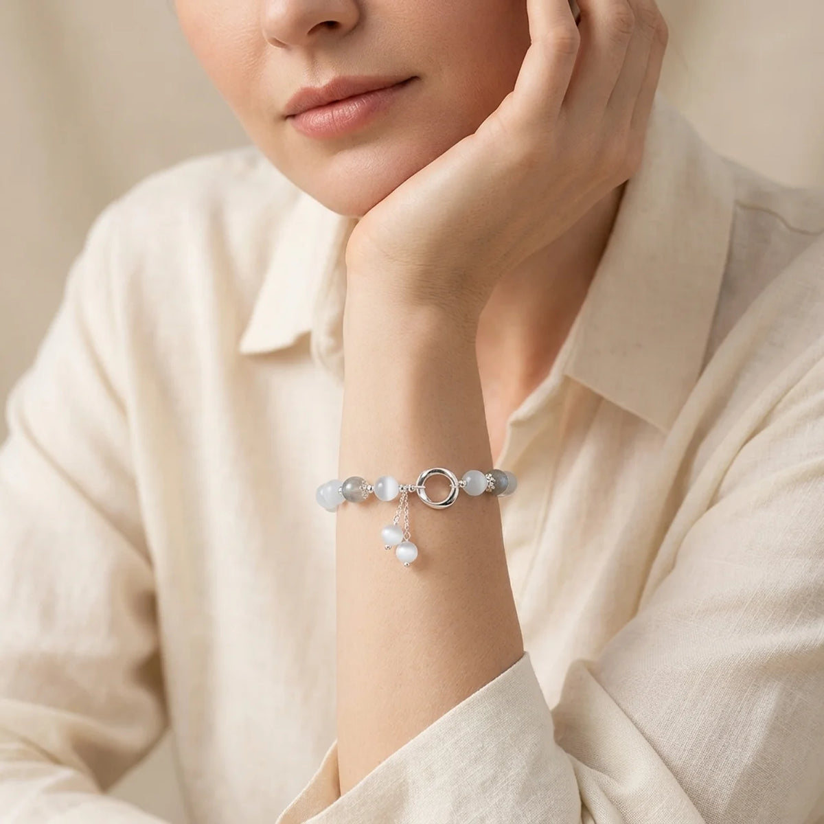 Moonstone Cat's Eye Silver Ring Bracelet