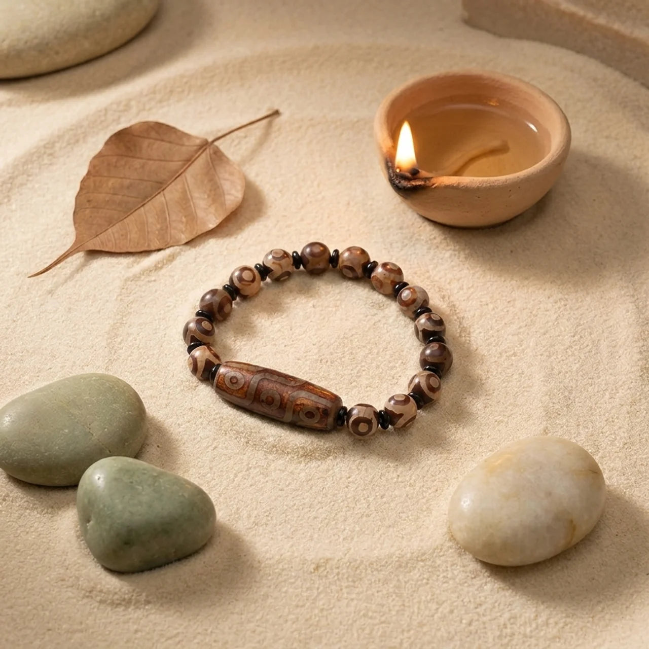 Natural Agate Nine Eye Dzi Bead Bracelet