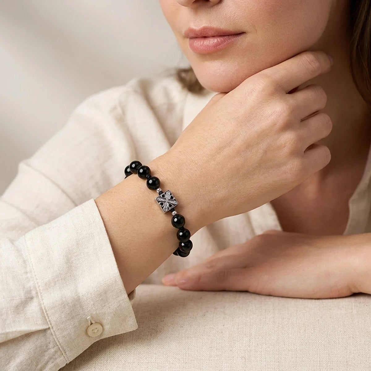 Natural Black Agate Beaded Couple Bracelet
