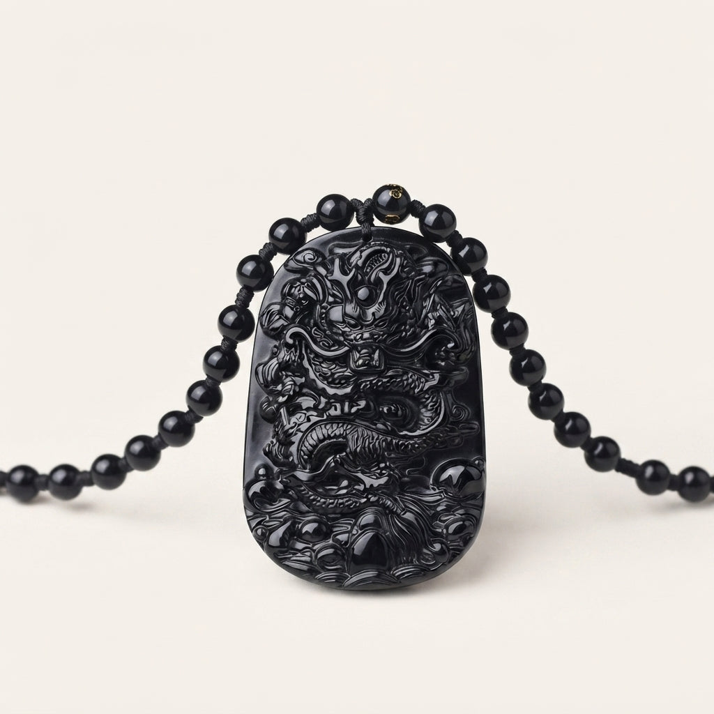 Natural Black Obsidian Dragon Pendant Necklace