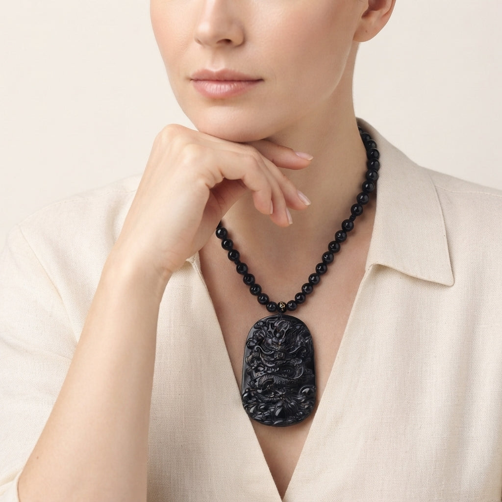 Natural Black Obsidian Dragon Pendant Necklace