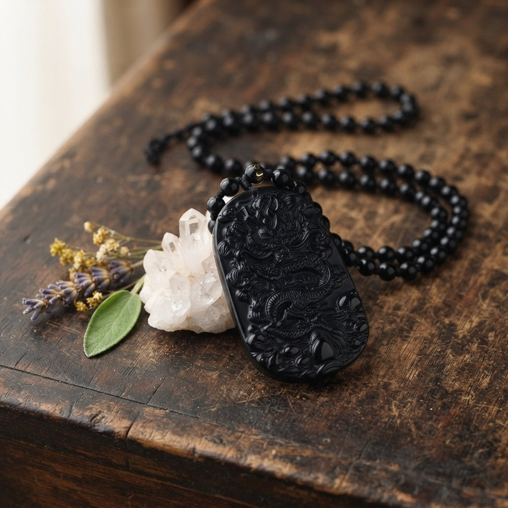 Natural Black Obsidian Dragon Pendant Necklace