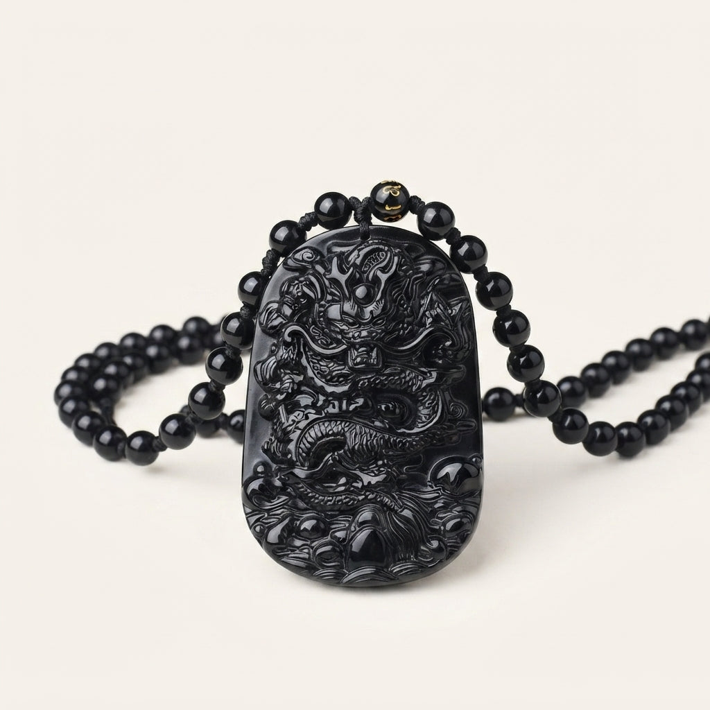 Natural Black Obsidian Dragon Pendant Necklace