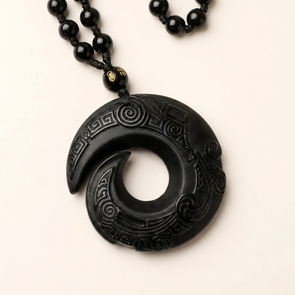 Natural Obsidian Peace Buckle Pendant Necklace