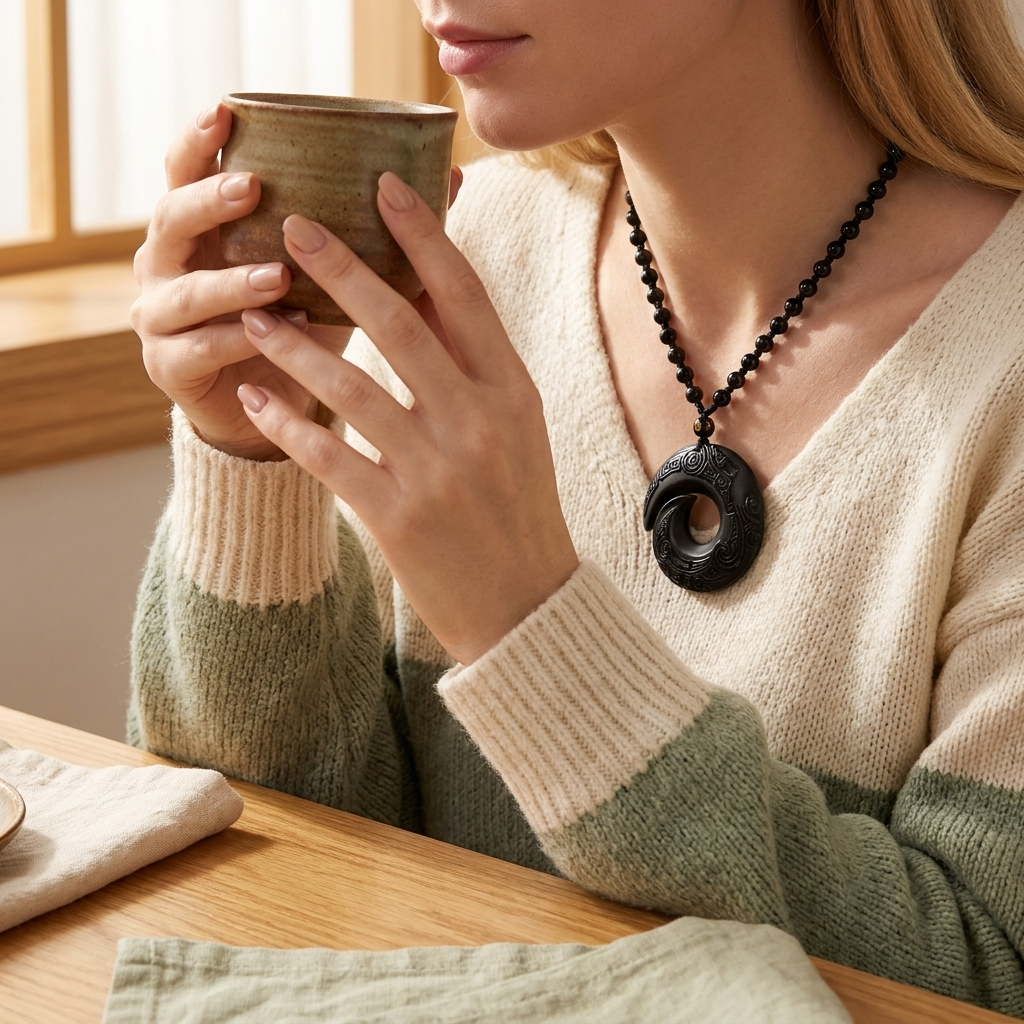 Natural Obsidian Peace Buckle Pendant Necklace