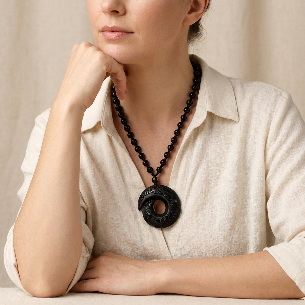 Natural Obsidian Peace Buckle Pendant Necklace