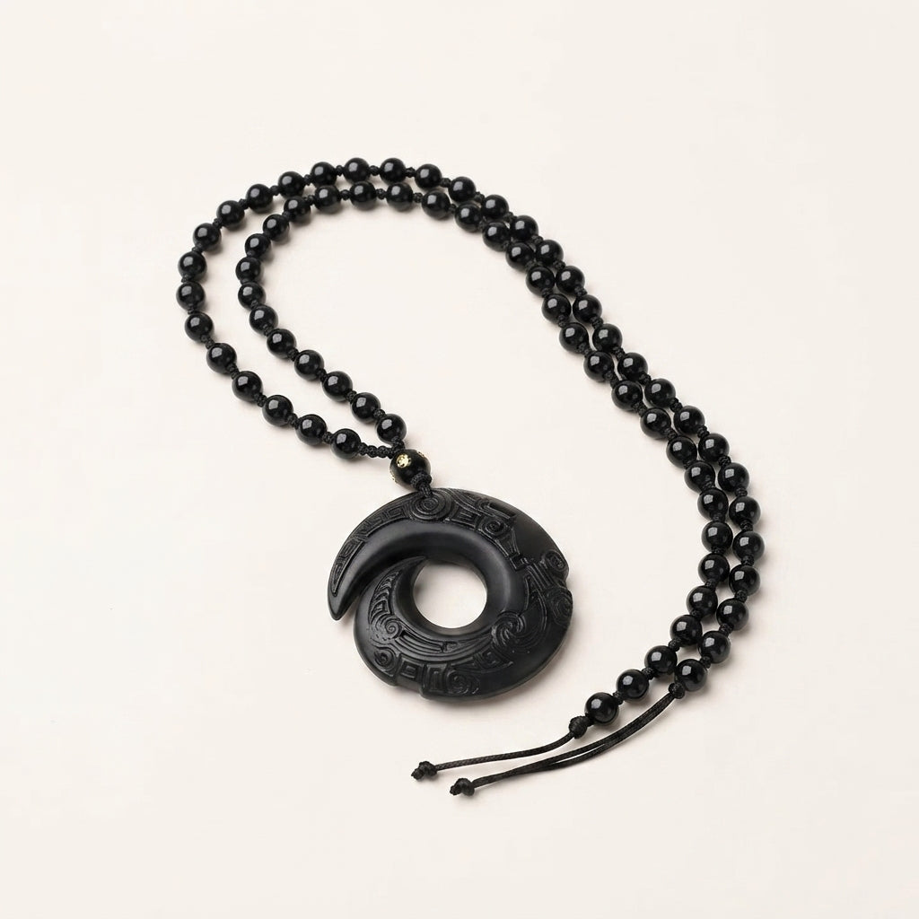 Natural Obsidian Peace Buckle Pendant Necklace