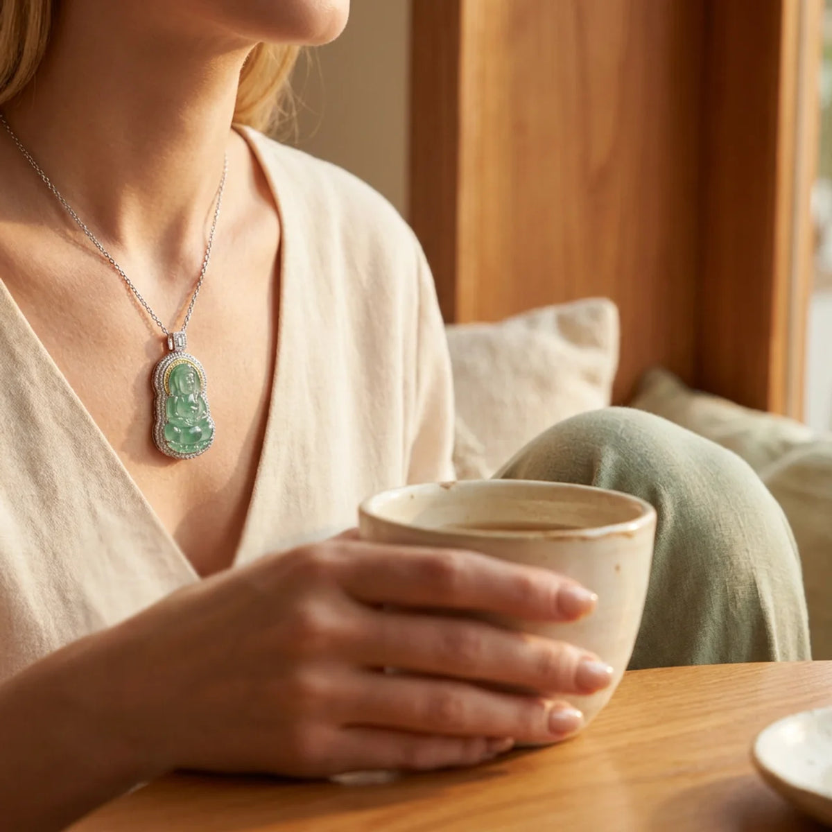 Natural Blue-Water Jade Guanyin Pendant Necklace