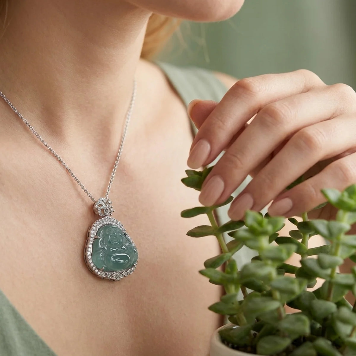 Natural Blue Water Jade Buddha Pendant Necklace