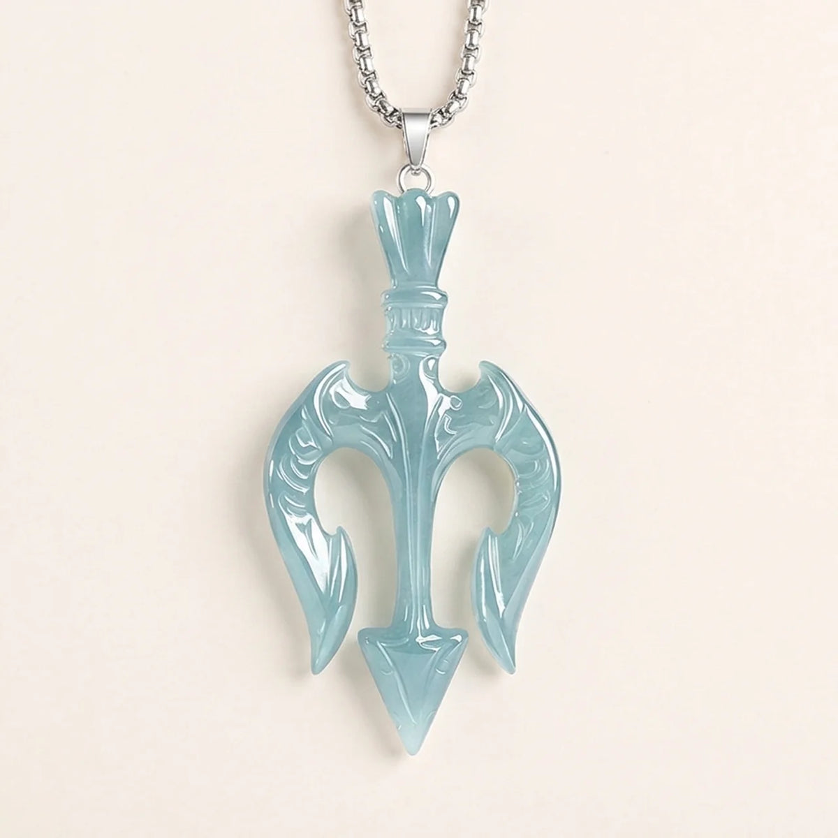 Natural Blue Water Jade Trident Pendant Necklace