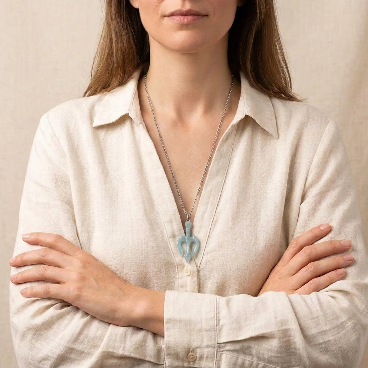 Natural Blue Water Jade Trident Pendant Necklace
