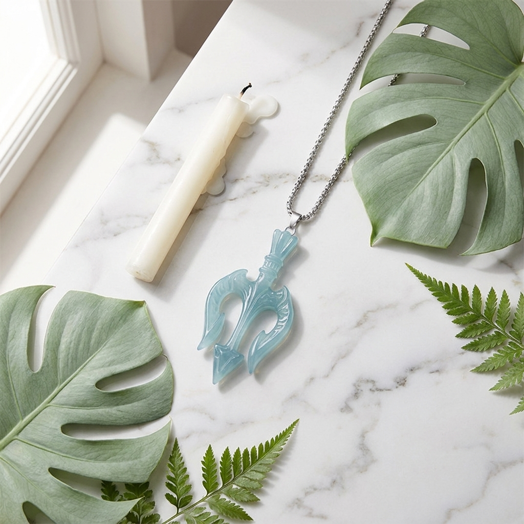 Natural Blue Water Jade Trident Pendant Necklace