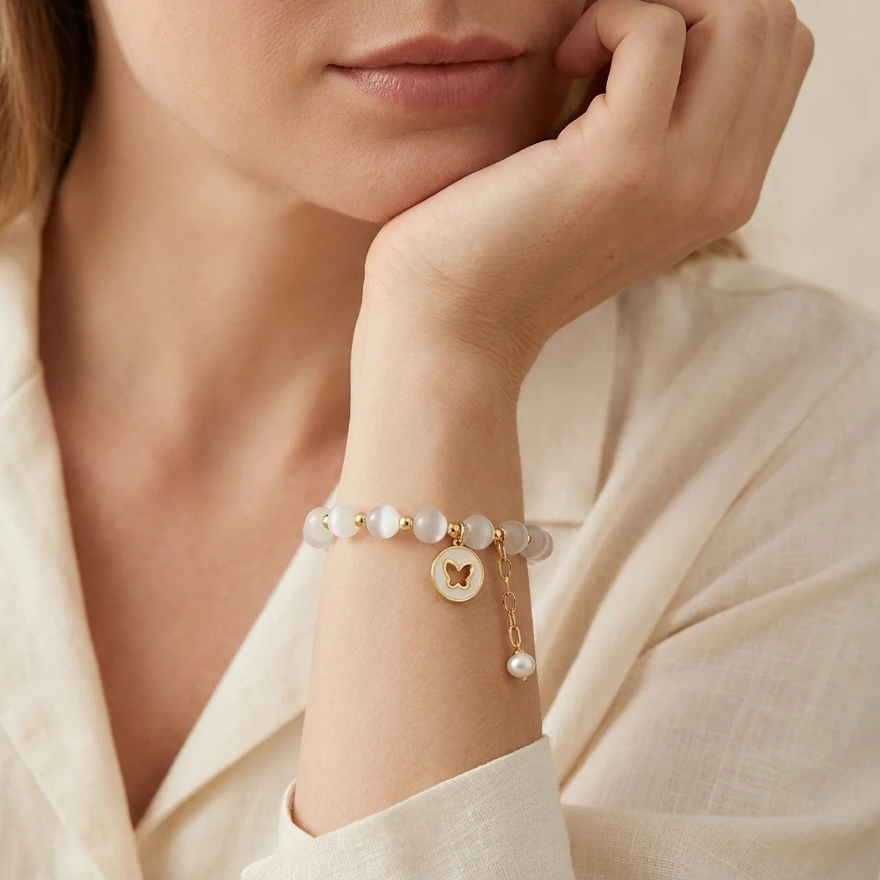 Natural Cat's Eye Butterfly Beaded Bracelet