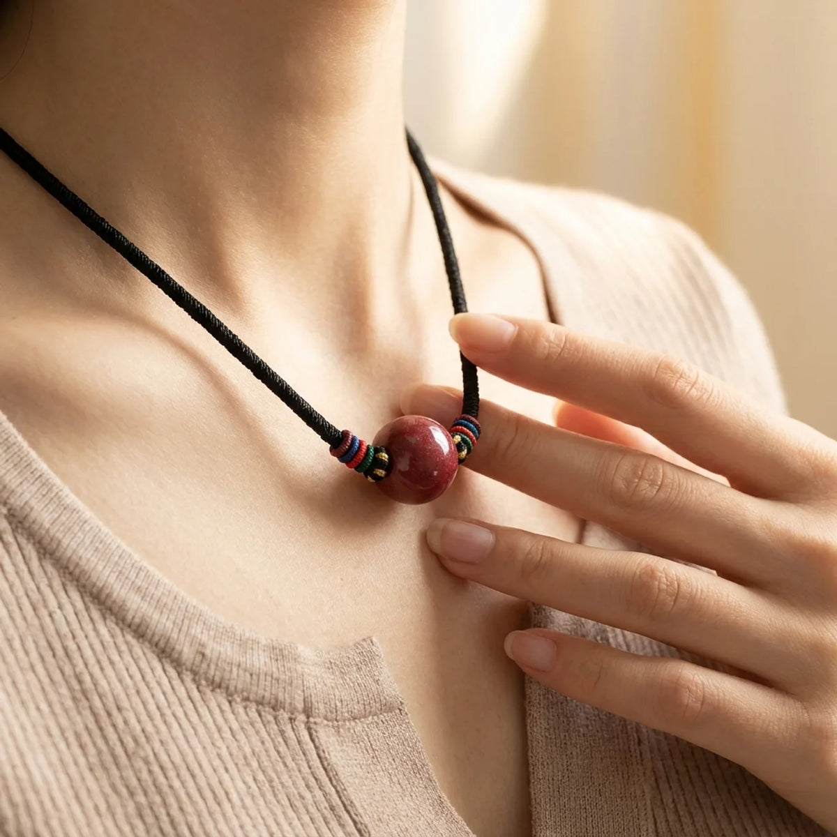 Natural Cinnabar Bead Pendant Necklace