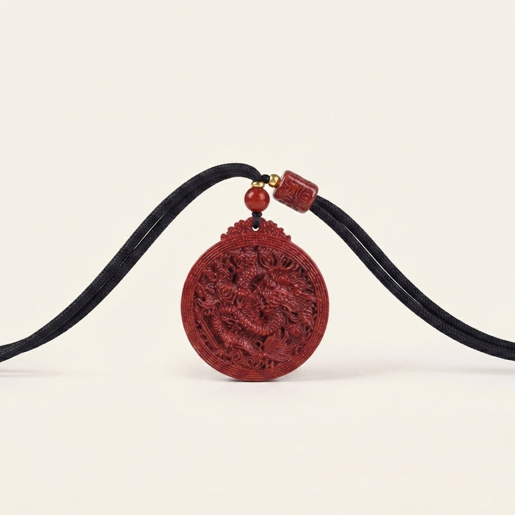 Natural Cinnabar Dragon Pendant Necklace