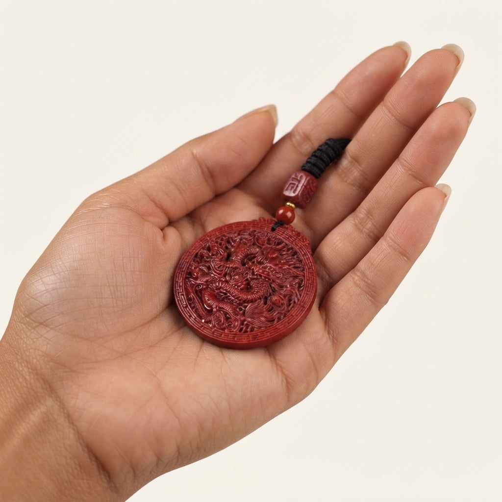 Natural Cinnabar Dragon Pendant Necklace