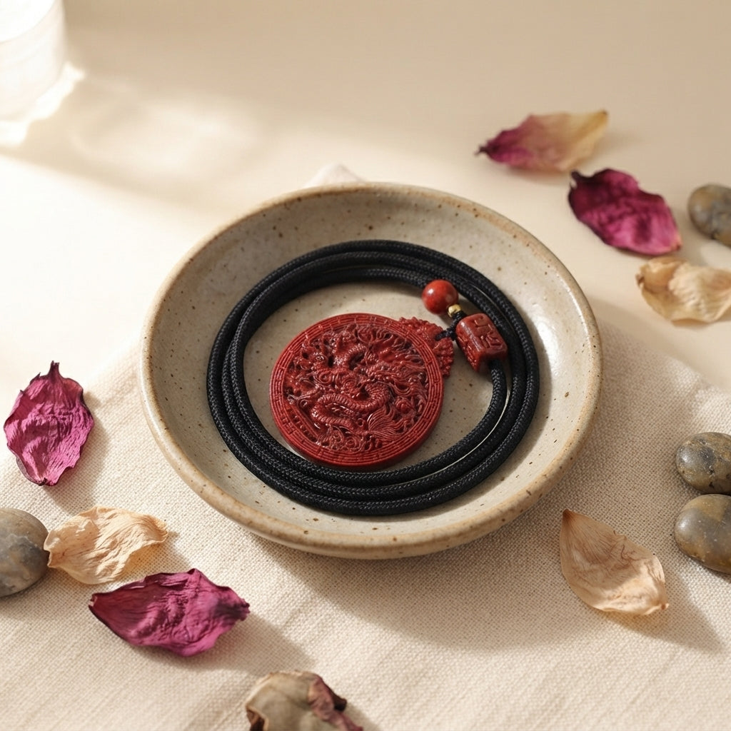 Natural Cinnabar Dragon Pendant Necklace