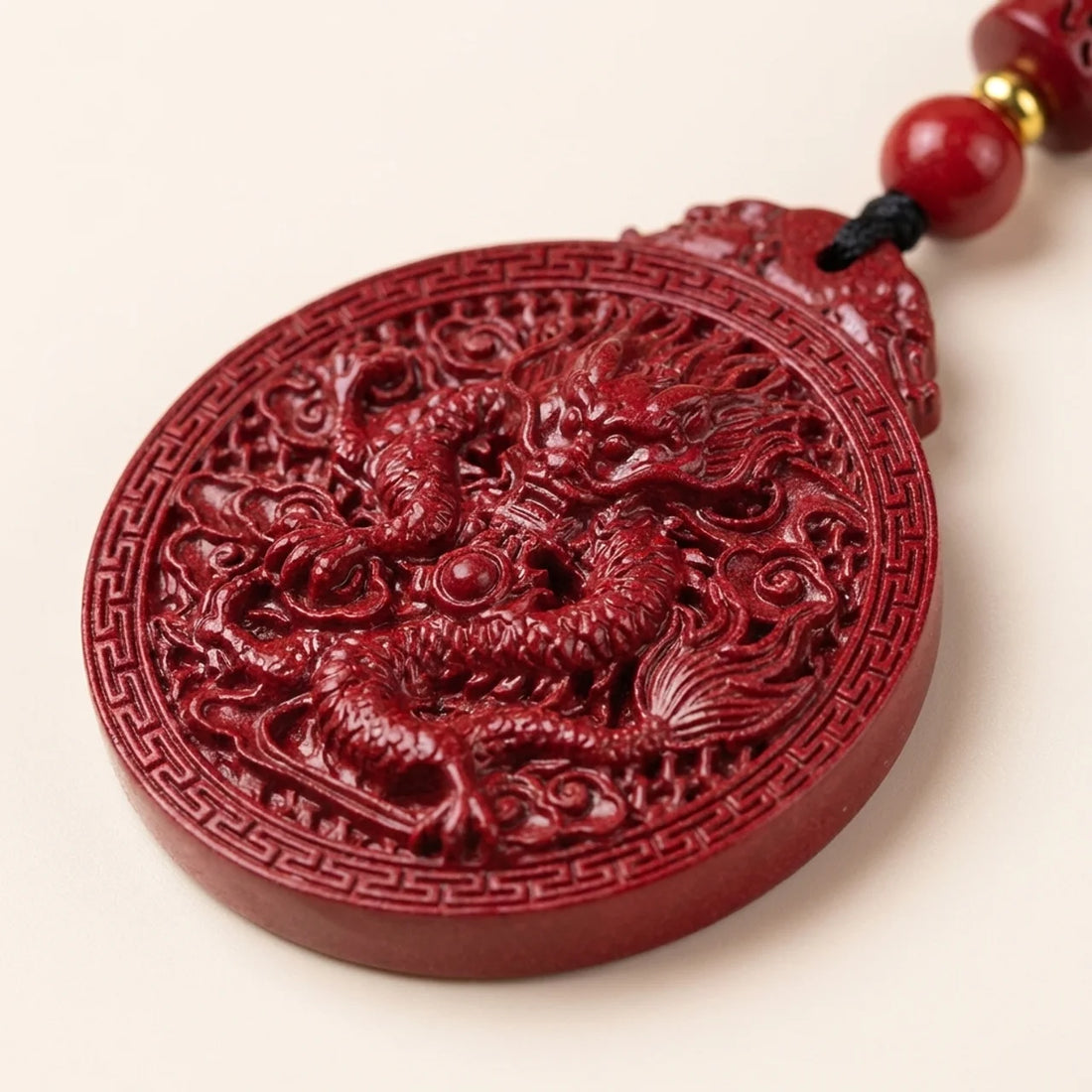 Natural Cinnabar Dragon Pendant Necklace