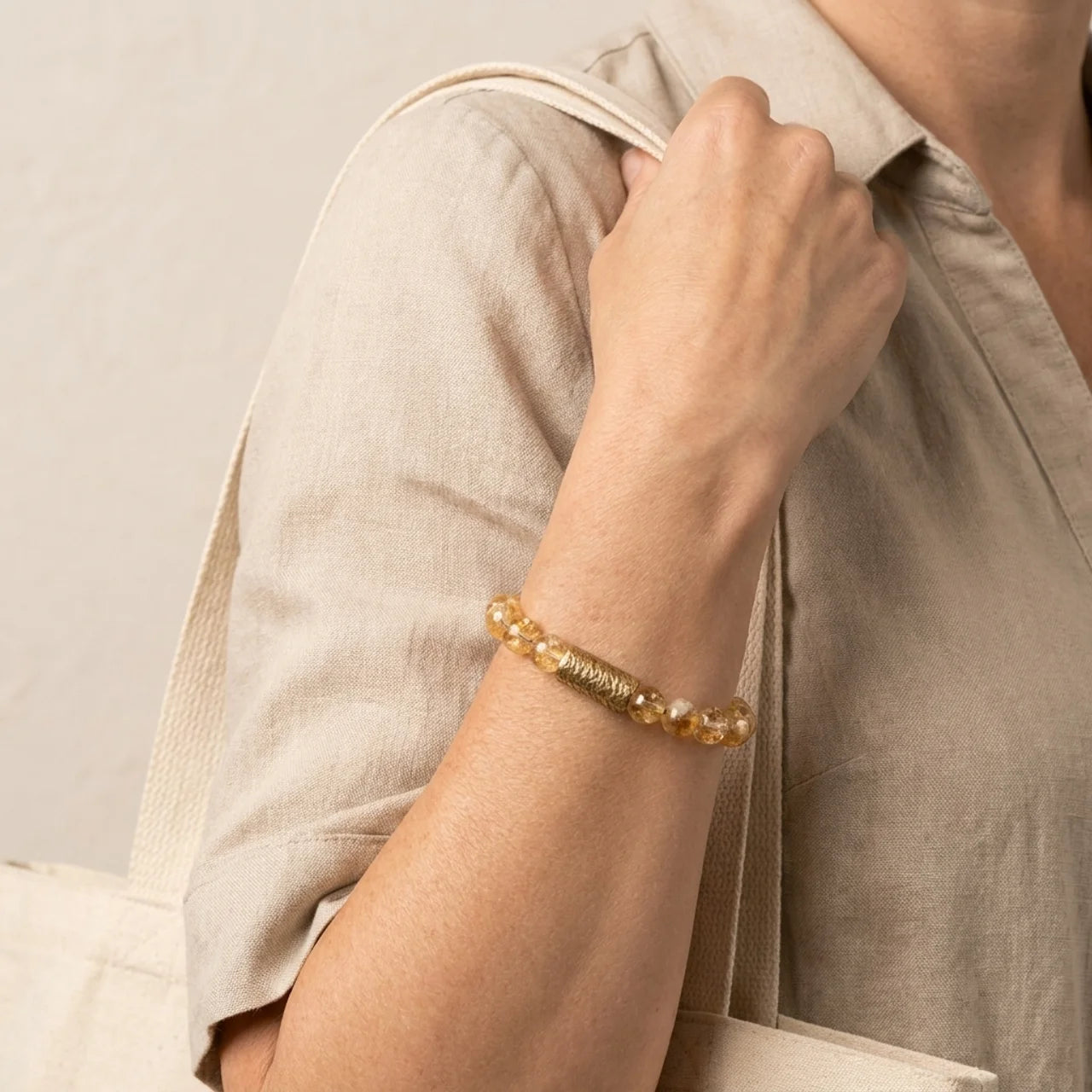 Natural Citrine Crystal Brass Bead Bracelet