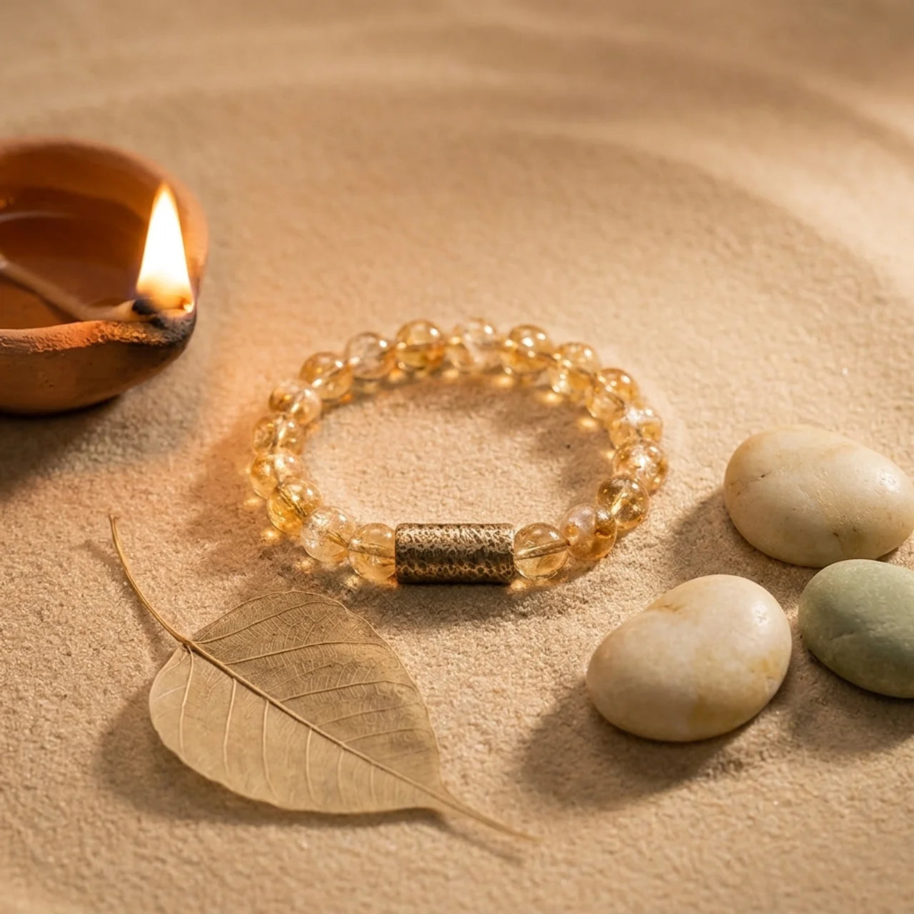 Natural Citrine Crystal Brass Bead Bracelet