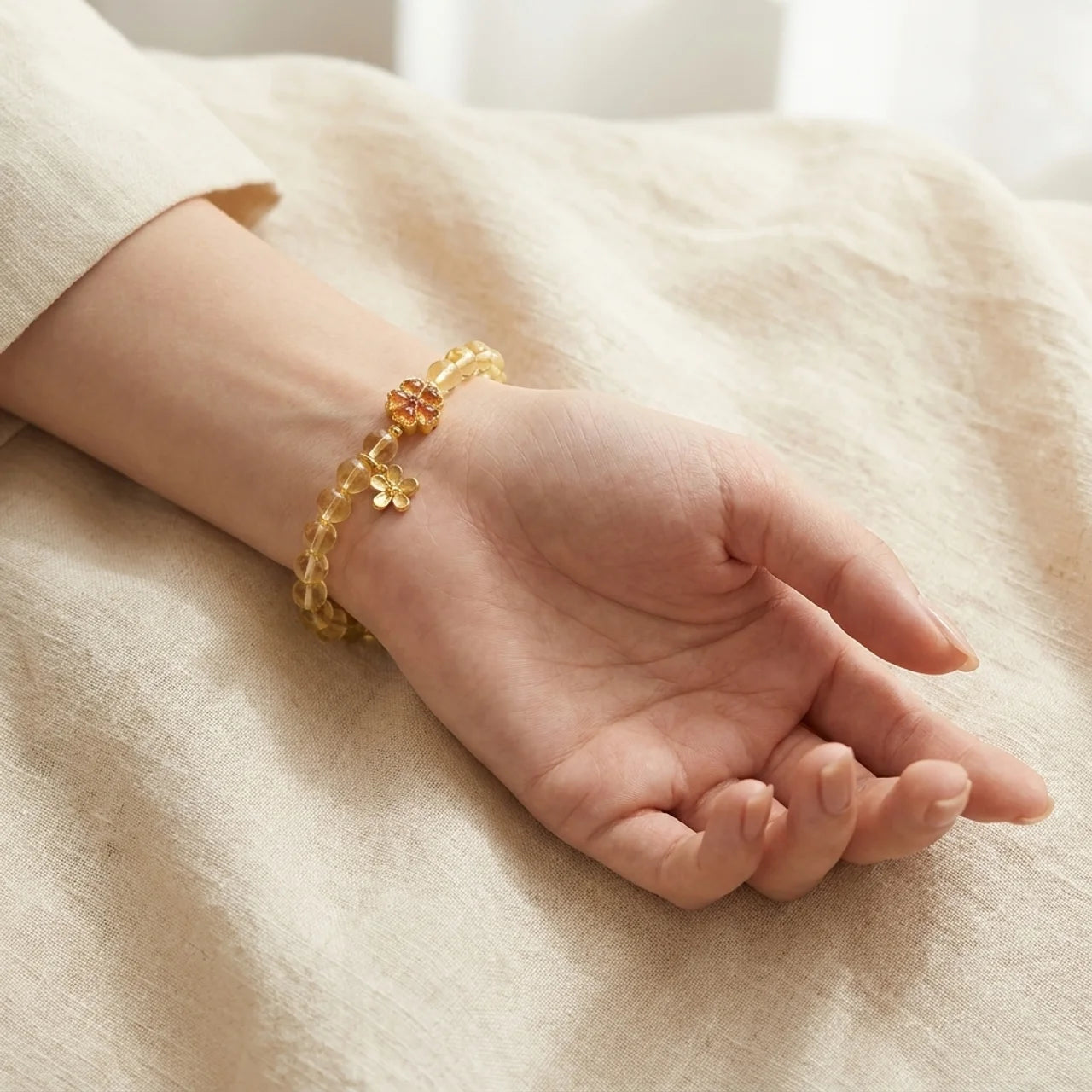Natural Citrine Flower Pendant Beaded Bracelet