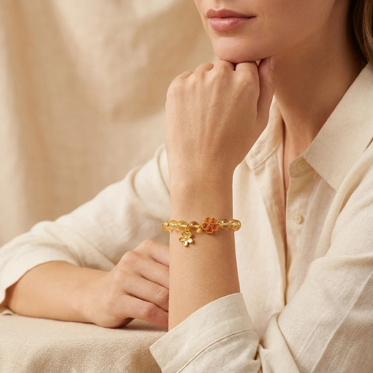 Natural Citrine Flower Pendant Beaded Bracelet