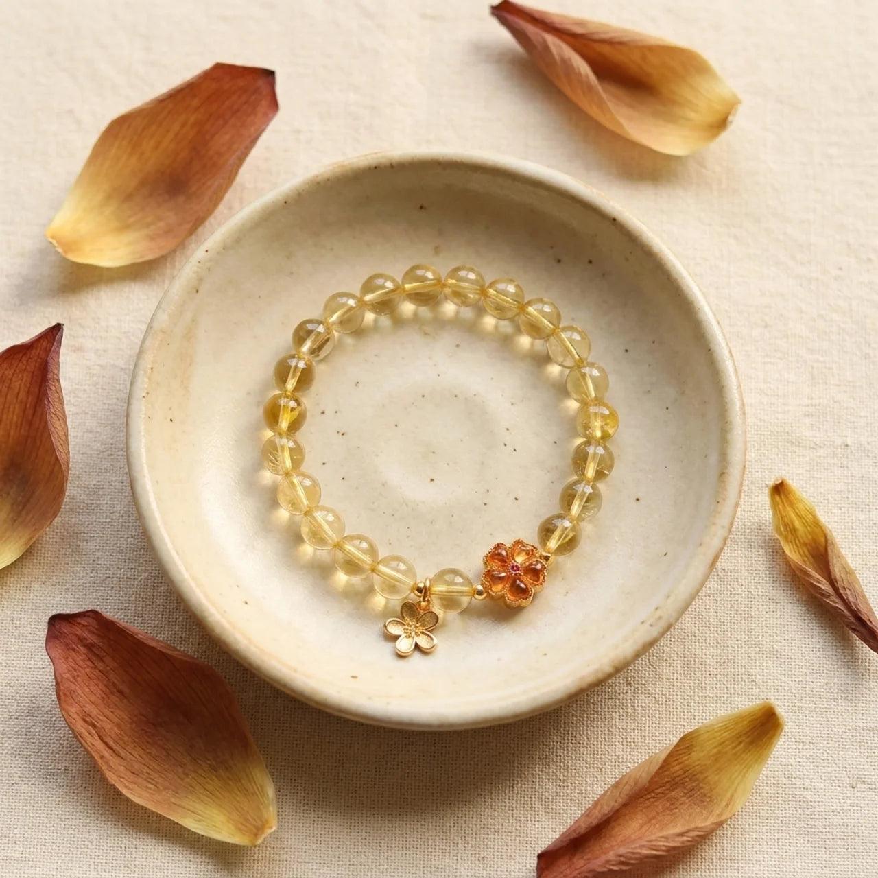 Natural Citrine Flower Pendant Beaded Bracelet
