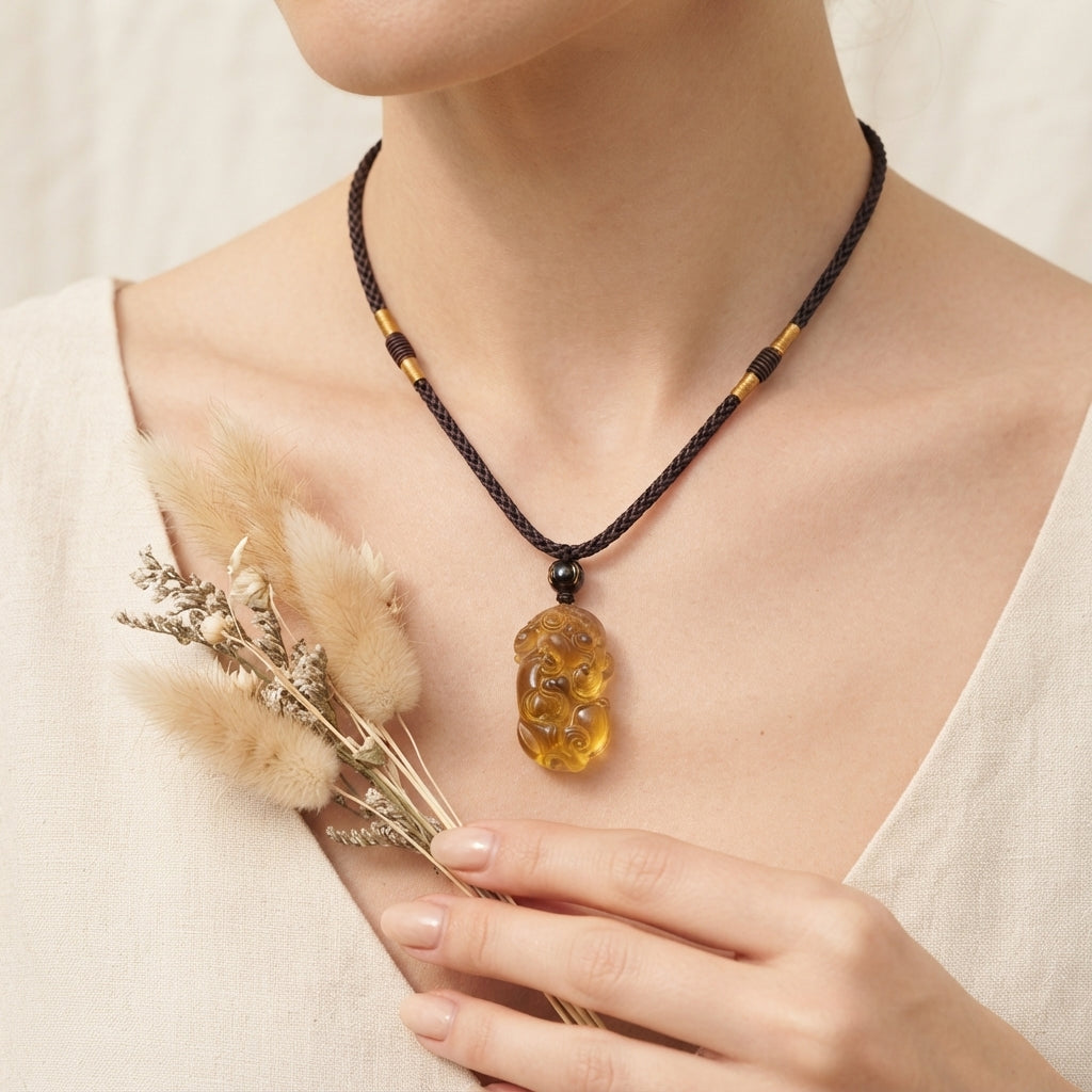 Natural Citrine Pixiu Wealth Pendant Necklace