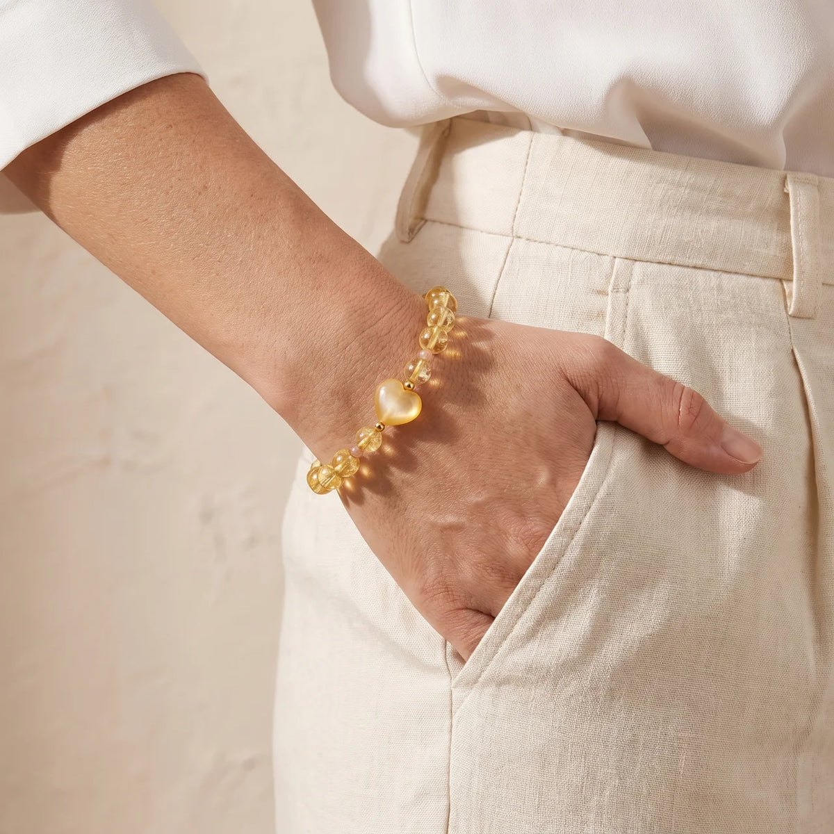 Natural Citrine Shell Heart Beaded Bracelet