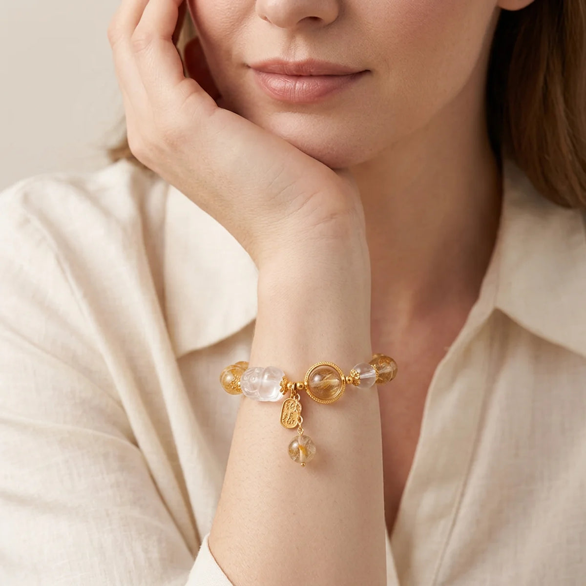 Natural Citrine and Clear Quartz Pixiu Bracelet