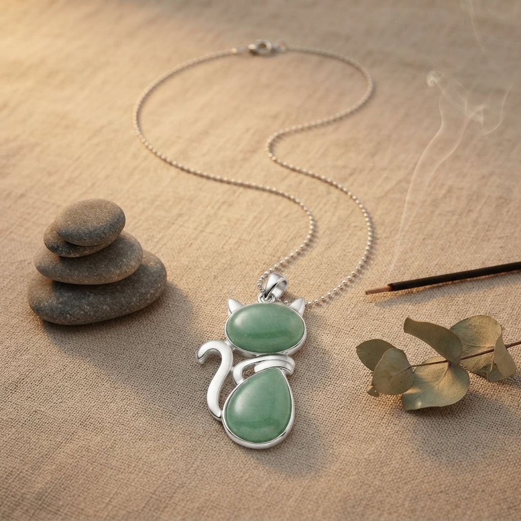 Natural Crystal Cute Cat Pendant Necklace