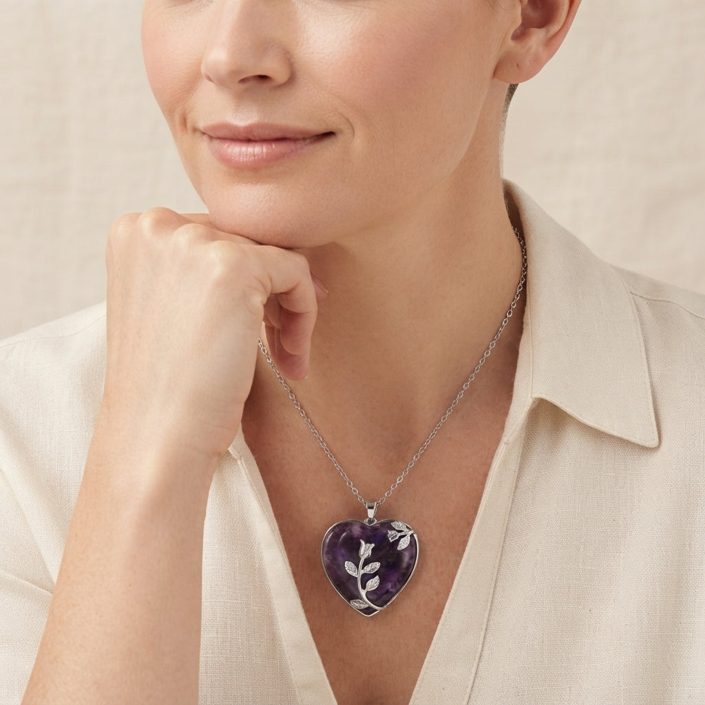 Natural Crystal Heart Pendant Necklace